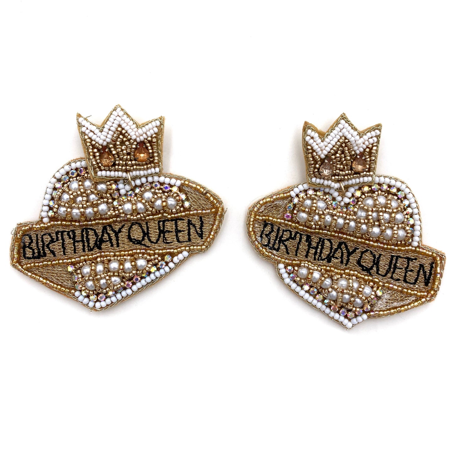 Birthday Queen Crown Gold Champagne Bead Post Dangle Earring