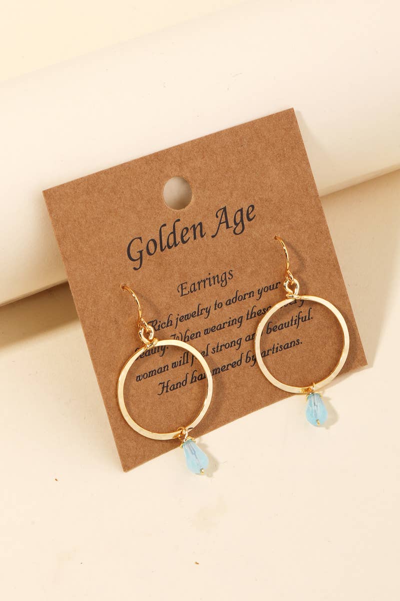 Gold Circle w/blue bead drop earrings